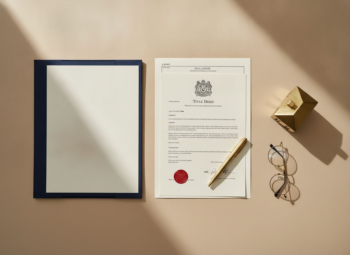 Landed property title deed and caveat forms on a desk