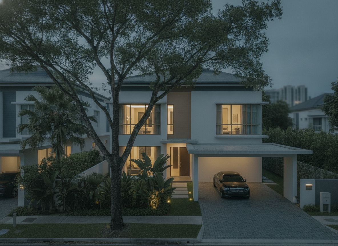 Modern terrace house exterior in Serangoon Gardens style with tropical landscaping