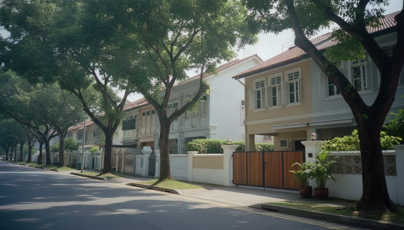 Wide tree-lined Serangoon Gardens landed home street with elegant terrace houses